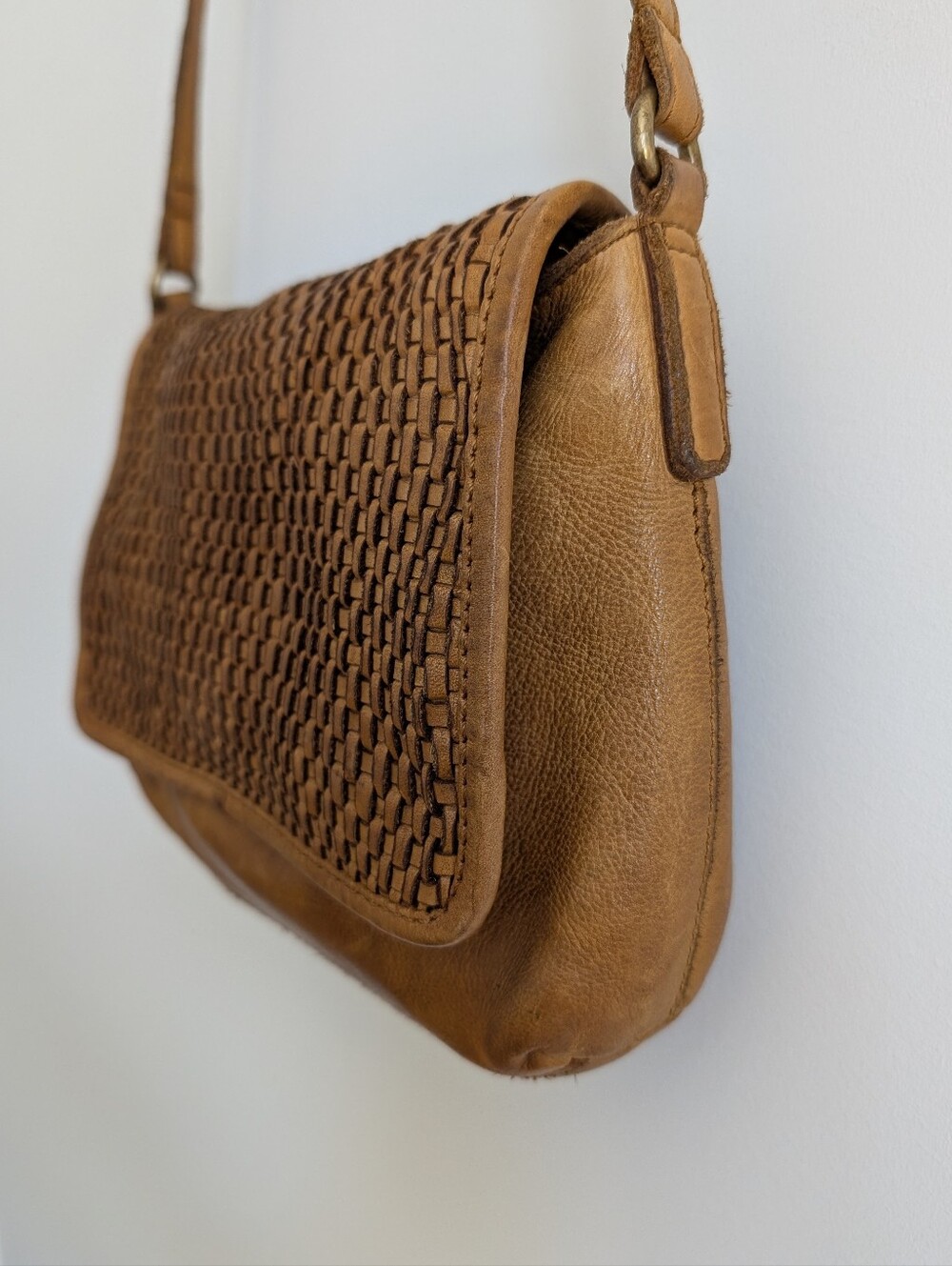 Vilenca Holland Soft Brown Leather Shoulder Bag Purse Woven Leather Front - Picture 5 of 15